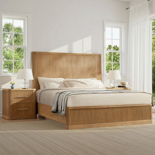 Modern walnut/natural fluted 3-piece bedroom set with bed and nightstands in neutral room,side view