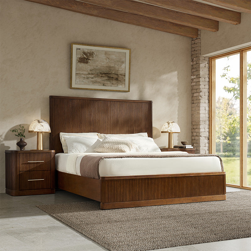 Fluted solid wood bed with oak finish, modern bedroom furniture made from real oak, durable and timeless.