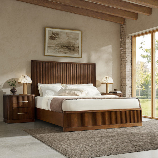 Fluted solid wood bed with oak finish, modern bedroom furniture made from real oak, durable and timeless.