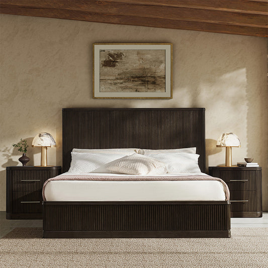 Modern Solid Wood Fluted Bed with Oak Texture