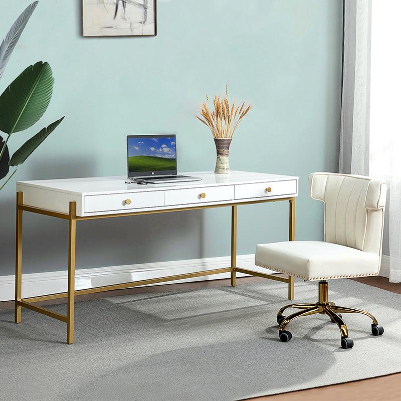 Hulala Home's Bibiano Desk. A White lacquer desk with gold knobs and legs.